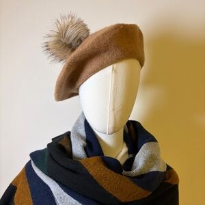 Mixit Camel Wool Beret with Faux Fur Pom Pom - NWT